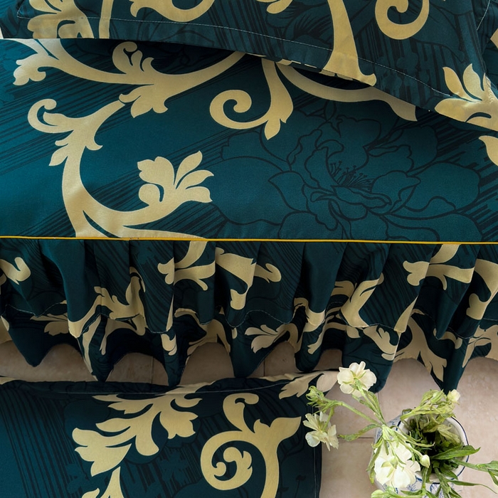 91家纺网 家纺一手货源 找家纺 雨田家纺 2025新款亲肤印花床裙三件套系列 富贵绿