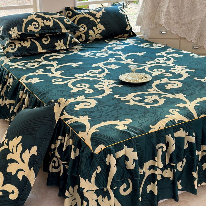 91家纺网 家纺一手货源 找家纺 雨田家纺 2025新款亲肤印花床裙三件套系列 富贵绿