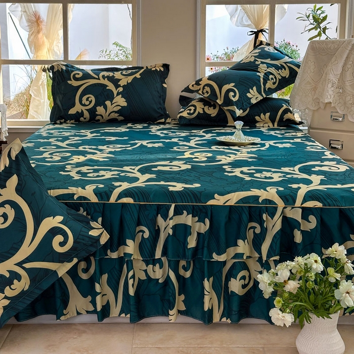 91家纺网 家纺一手货源 找家纺 雨田家纺 2025新款亲肤印花床裙三件套系列 富贵绿