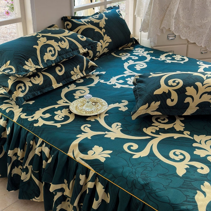 91家纺网 家纺一手货源 找家纺 雨田家纺 2025新款亲肤印花床裙三件套系列 富贵绿