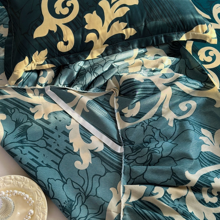 91家纺网 家纺一手货源 找家纺 雨田家纺 2025新款亲肤印花床裙三件套系列 富贵绿