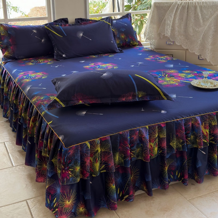 91家纺网 家纺一手货源 找家纺 雨田家纺 2025新款亲肤印花床裙三件套系列 五彩缤纷