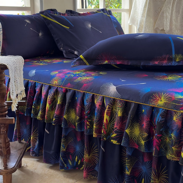 91家纺网 家纺一手货源 找家纺 雨田家纺 2025新款亲肤印花床裙三件套系列 五彩缤纷