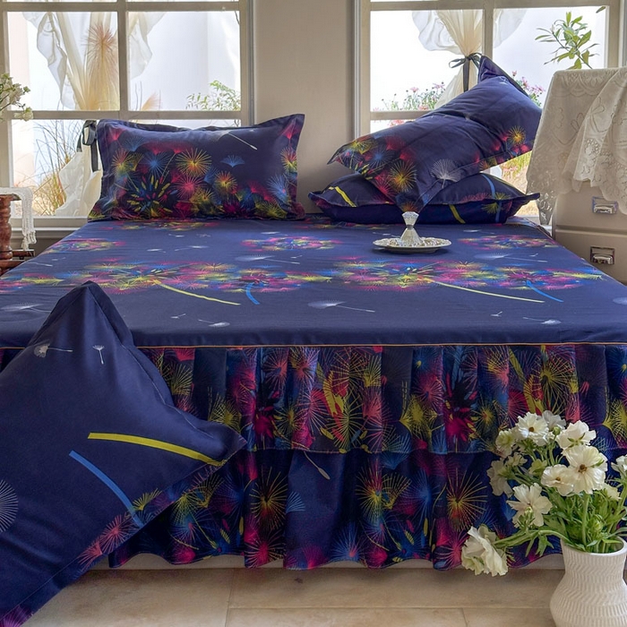 91家纺网 家纺一手货源 找家纺 雨田家纺 2025新款亲肤印花床裙三件套系列 五彩缤纷