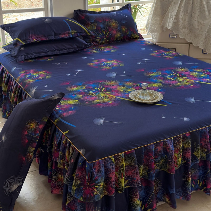 91家纺网 家纺一手货源 找家纺 雨田家纺 2025新款亲肤印花床裙三件套系列 五彩缤纷