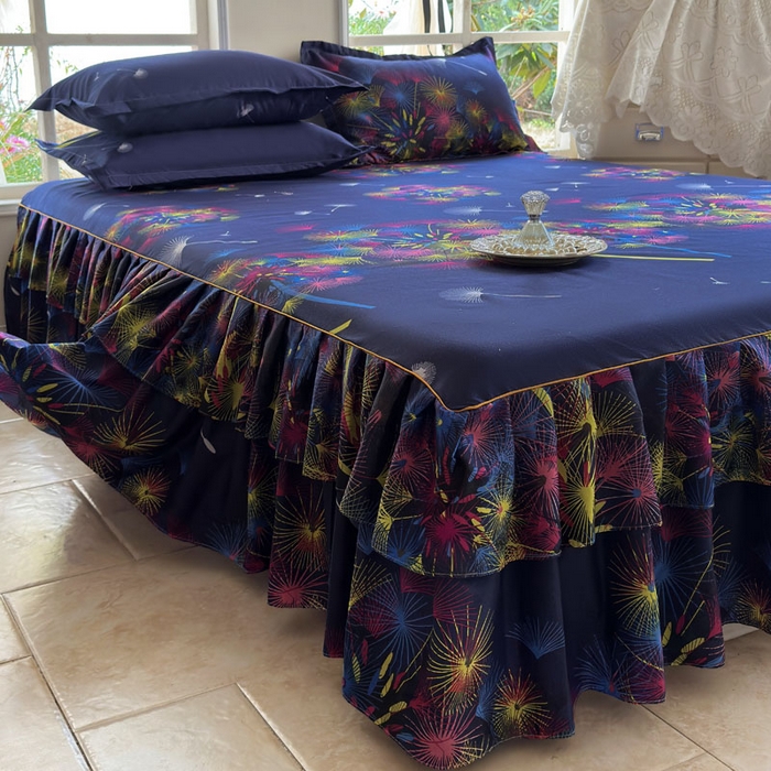 91家纺网 家纺一手货源 找家纺 雨田家纺 2025新款亲肤印花床裙三件套系列 五彩缤纷