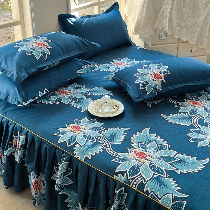 91家纺网 家纺一手货源 找家纺 雨田家纺 2025新款亲肤印花床裙三件套系列 优雅绽放