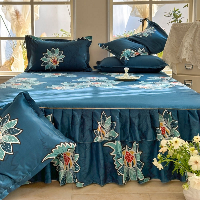 91家纺网 家纺一手货源 找家纺 雨田家纺 2025新款亲肤印花床裙三件套系列 优雅绽放