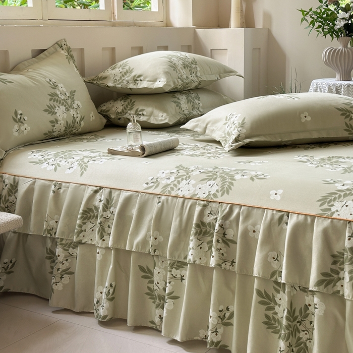 91家纺网 家纺一手货源 找家纺 雨田家纺 2025新款柔软亲肤印花系列床裙单件单床裙 茉莉飘雪