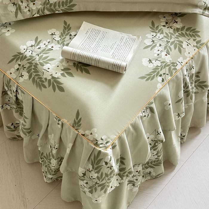 91家纺网 家纺一手货源 找家纺 雨田家纺 2025新款柔软亲肤印花系列床裙单件单床裙 茉莉飘雪