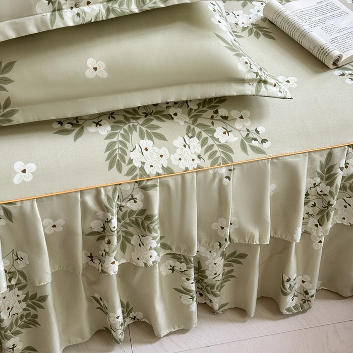 91家纺网 家纺一手货源 找家纺 雨田家纺 2025新款柔软亲肤印花系列床裙单件单床裙 茉莉飘雪