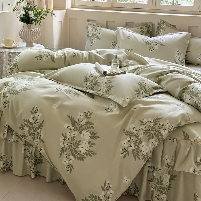 91家纺网 家纺一手货源 找家纺 雨田家纺 2025新款柔软亲肤印花床裙四件套 茉莉飘雪