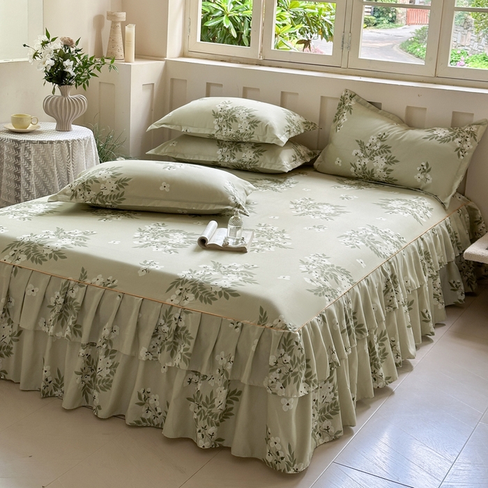 91家纺网 家纺一手货源 找家纺 雨田家纺 2025新款柔软亲肤印花床裙四件套 茉莉飘雪