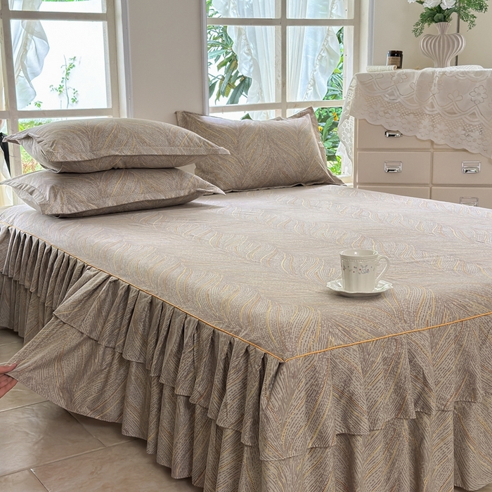 91家纺网 家纺一手货源 找家纺 雨田家纺 2025新款亲肤棉印花床裙四件套-系列一 千山万水棕