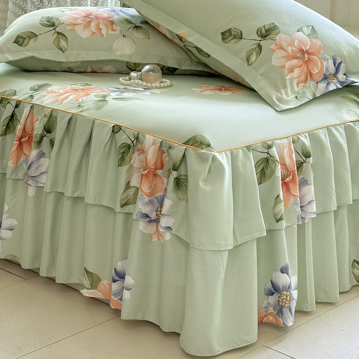 91家纺网 家纺一手货源 找家纺 雨田家纺 2025新款亲肤棉印花床裙四件套-系列一 诗情画意绿