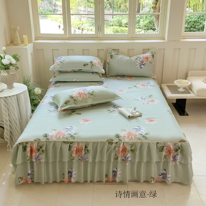 91家纺网 家纺一手货源 找家纺 雨田家纺 2025新款亲肤棉印花床裙四件套-系列一 诗情画意绿