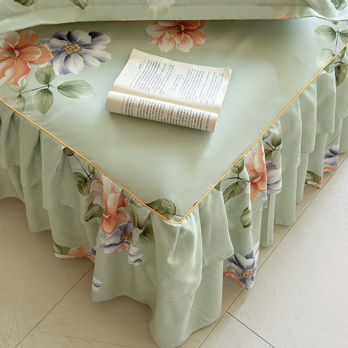 91家纺网 家纺一手货源 找家纺 雨田家纺 2025新款亲肤棉印花床裙四件套-系列一 诗情画意绿