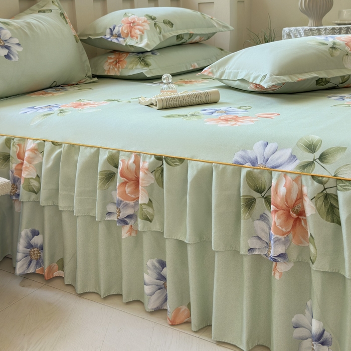 91家纺网 家纺一手货源 找家纺 雨田家纺 2025新款亲肤棉印花床裙四件套-系列一 诗情画意绿