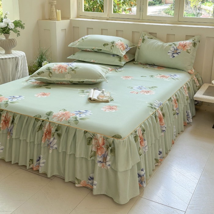 91家纺网 家纺一手货源 找家纺 雨田家纺 2025新款亲肤棉印花床裙四件套-系列一 诗情画意绿