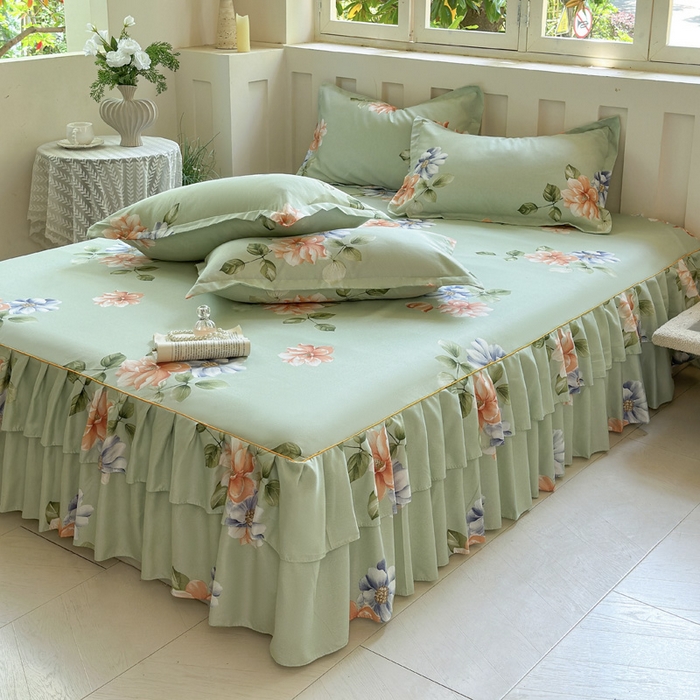 91家纺网 家纺一手货源 找家纺 雨田家纺 2025新款亲肤棉印花床裙四件套-系列一 诗情画意绿