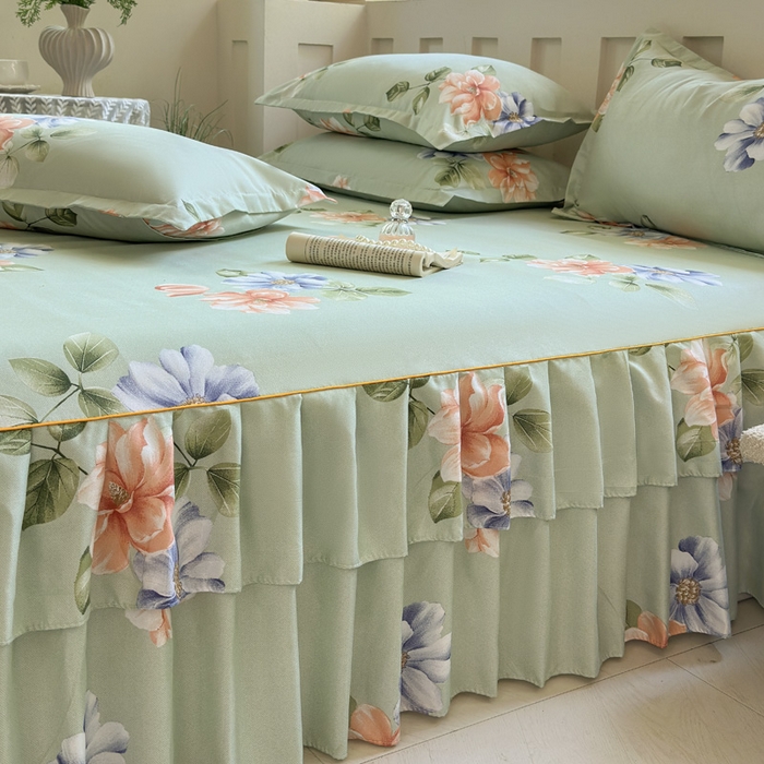 91家纺网 家纺一手货源 找家纺 雨田家纺 2025新款亲肤棉印花床裙四件套-系列一 诗情画意绿