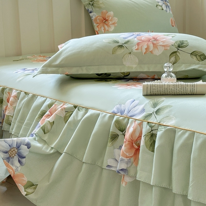 91家纺网 家纺一手货源 找家纺 雨田家纺 2025新款亲肤棉印花床裙四件套-系列一 诗情画意绿