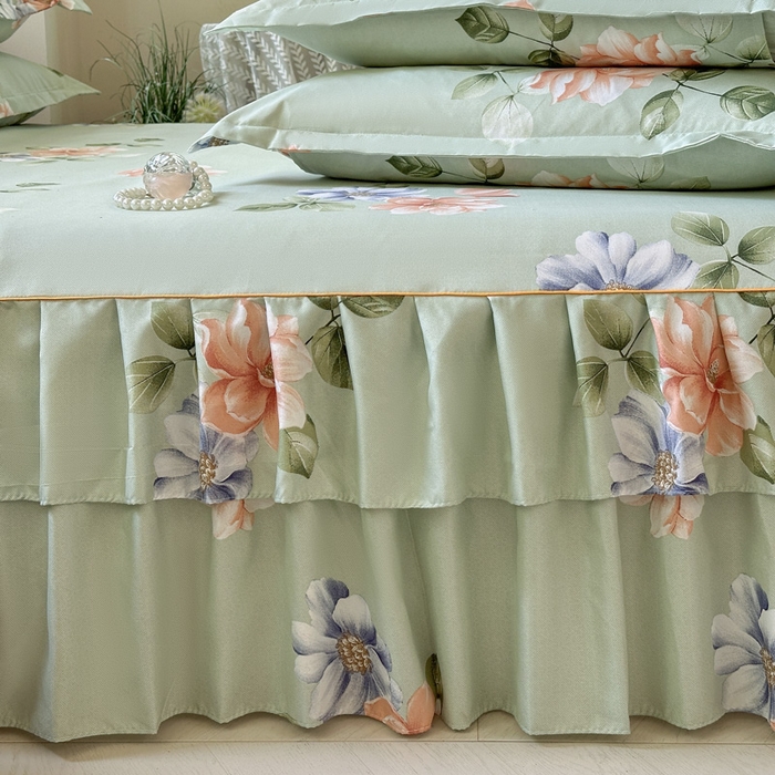 91家纺网 家纺一手货源 找家纺 雨田家纺 2025新款亲肤棉印花床裙四件套-系列一 诗情画意绿