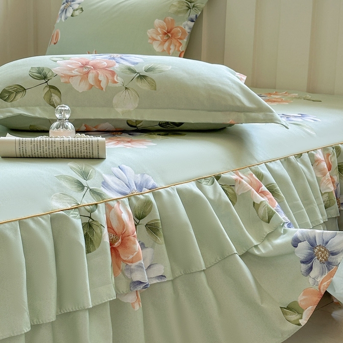 91家纺网 家纺一手货源 找家纺 雨田家纺 2025新款亲肤棉印花床裙四件套-系列一 诗情画意绿