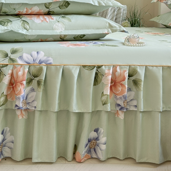 91家纺网 家纺一手货源 找家纺 雨田家纺 2025新款亲肤棉印花床裙四件套-系列一 诗情画意绿