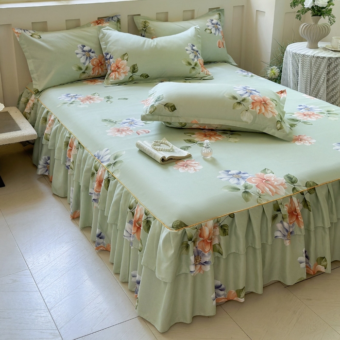 91家纺网 家纺一手货源 找家纺 雨田家纺 2025新款亲肤棉印花床裙四件套-系列一 诗情画意绿