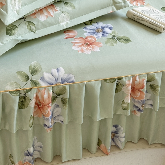 91家纺网 家纺一手货源 找家纺 雨田家纺 2025新款亲肤棉印花床裙四件套-系列一 诗情画意绿