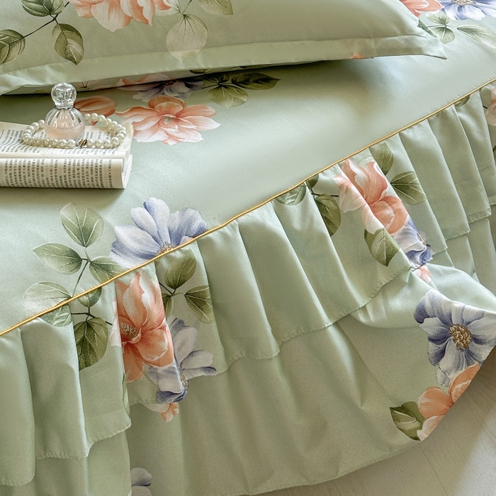 91家纺网 家纺一手货源 找家纺 雨田家纺 2025新款亲肤棉印花床裙四件套-系列一 诗情画意绿