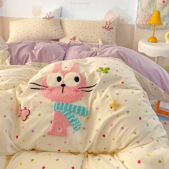 91家纺网 家纺一手货源 找家纺 云木里 2025新款云朵棉毛巾绣印花四件套 大眼萌兔