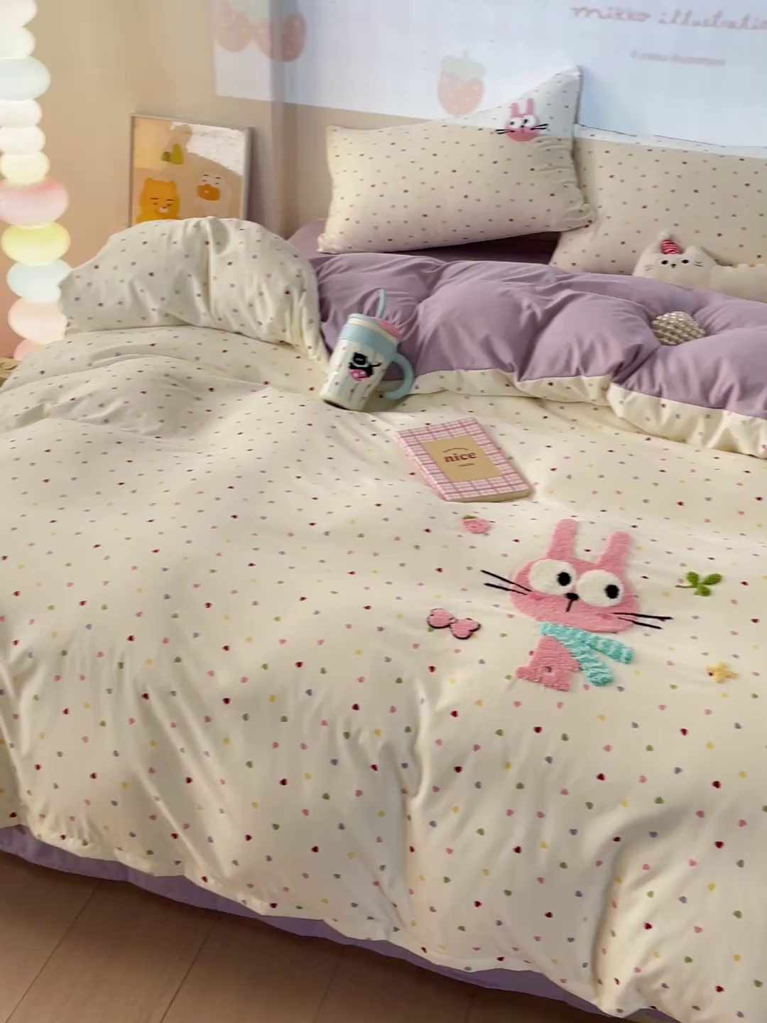 91家纺网 家纺一手货源 找家纺 云木里 2025新款云朵棉毛巾绣印花四件套 大眼萌兔