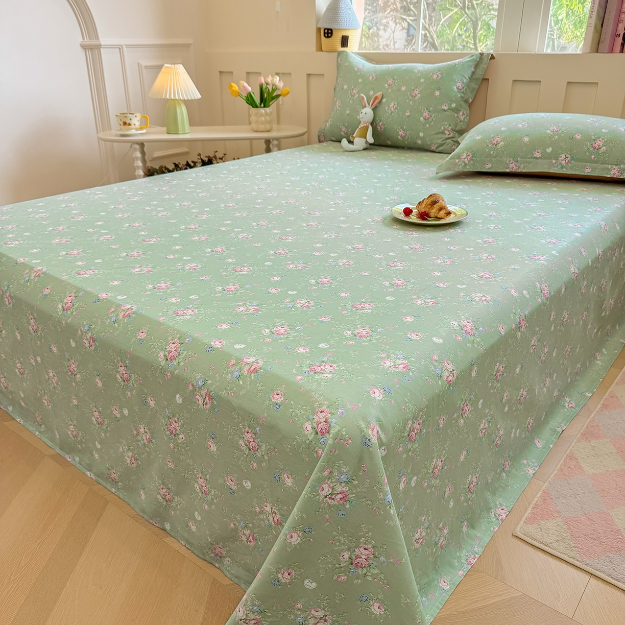 91家纺网 家纺一手货源 找家纺 壹贝家纺 2025新款小清新全棉纯棉印花系列-单床单(喷气工艺)(高品质)(花型持续更新)(接受各种预定尺寸) 沐熙花-绿