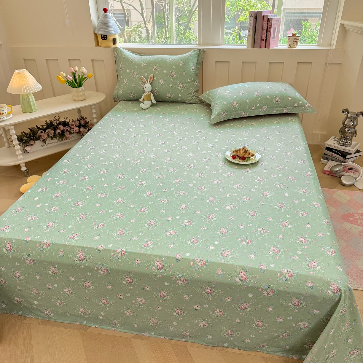 91家纺网 家纺一手货源 找家纺 壹贝家纺 2025新款小清新全棉纯棉印花系列-单床单(喷气工艺)(高品质)(花型持续更新)(接受各种预定尺寸) 沐熙花-绿