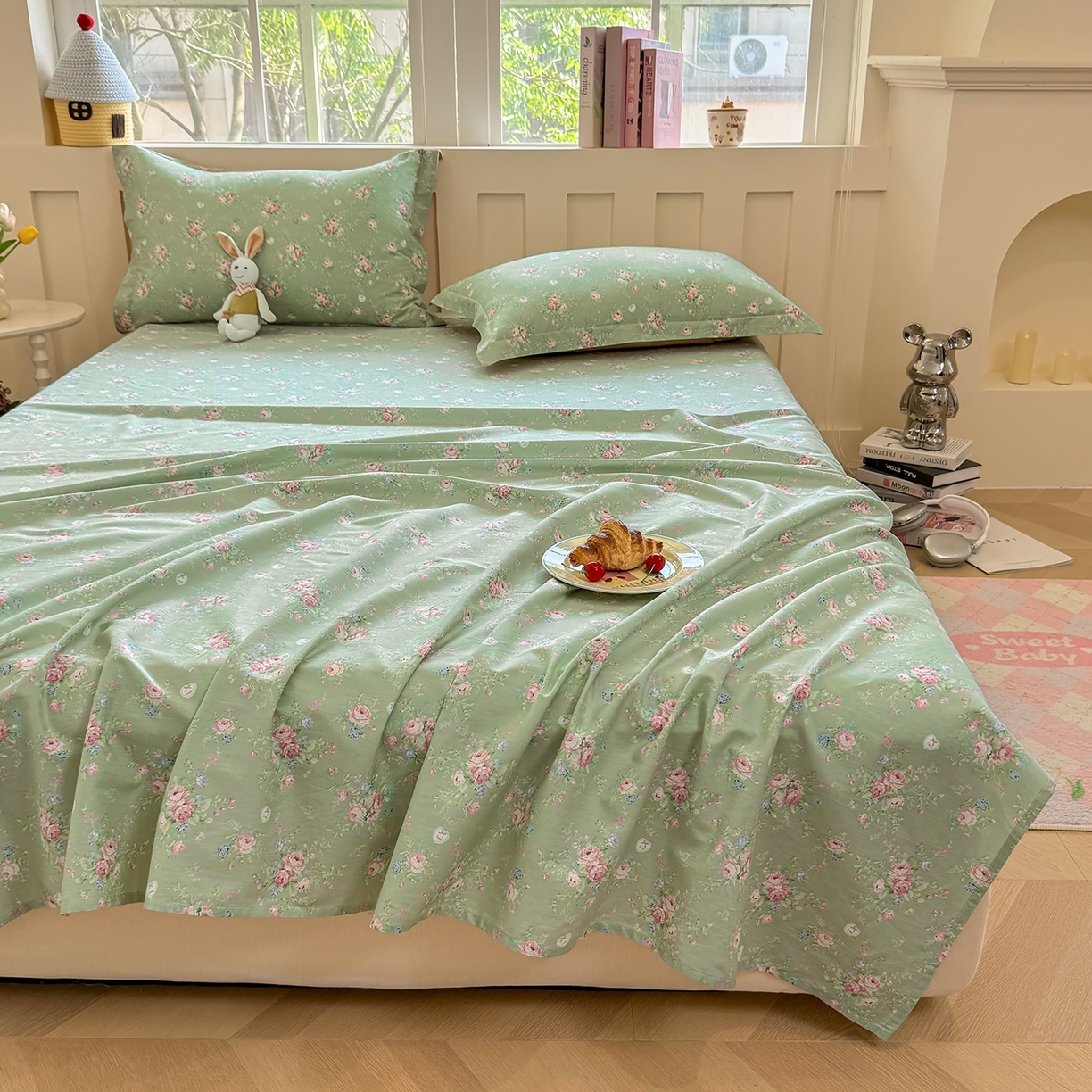 91家纺网 家纺一手货源 找家纺 壹贝家纺 2025新款小清新全棉纯棉印花系列-单床单(喷气工艺)(高品质)(花型持续更新)(接受各种预定尺寸) 沐熙花-绿