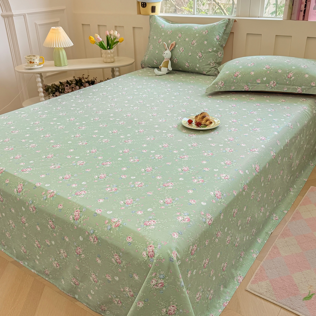 91家纺网 家纺一手货源 找家纺 壹贝家纺 2025新款小清新全棉纯棉印花系列-单床单(喷气工艺)(高品质)(花型持续更新)(接受各种预定尺寸) 沐熙花-绿