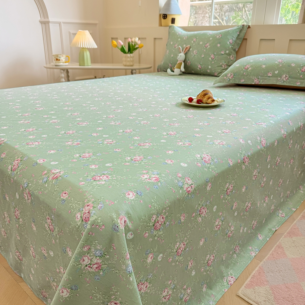 91家纺网 家纺一手货源 找家纺 壹贝家纺 2025新款小清新全棉纯棉印花系列-单床单(喷气工艺)(高品质)(花型持续更新)(接受各种预定尺寸) 沐熙花-绿