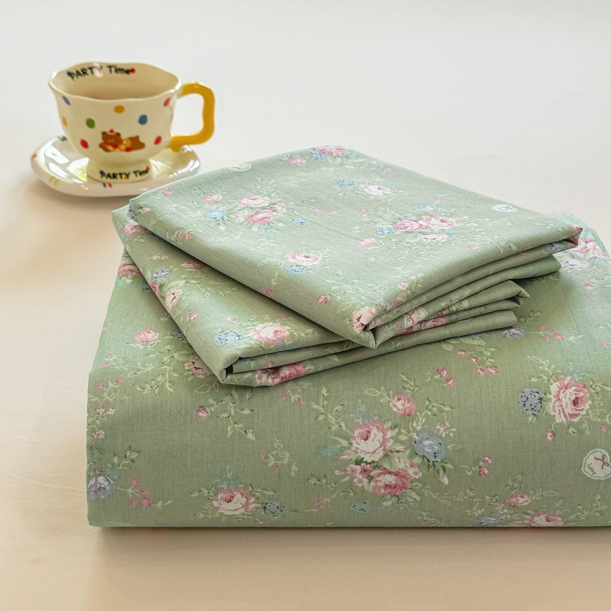 91家纺网 家纺一手货源 找家纺 壹贝家纺 2025新款小清新全棉纯棉印花系列-单床单(喷气工艺)(高品质)(花型持续更新)(接受各种预定尺寸) 沐熙花-绿