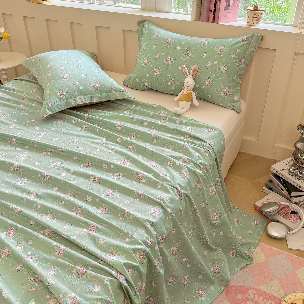 91家纺网 家纺一手货源 找家纺 壹贝家纺 2025新款小清新全棉纯棉印花系列-单床单(喷气工艺)(高品质)(花型持续更新)(接受各种预定尺寸) 沐熙花-绿