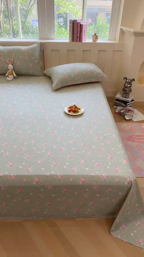 91家纺网 家纺一手货源 找家纺 壹贝家纺 2025新款小清新全棉纯棉印花系列-单床单(喷气工艺)(高品质)(花型持续更新)(接受各种预定尺寸) 沐熙花-绿