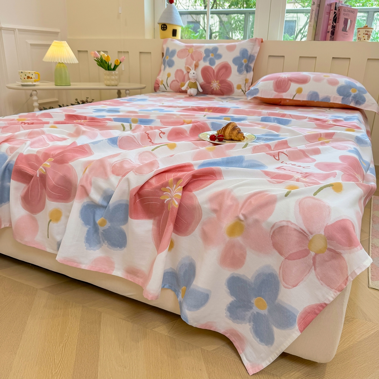 91家纺网 家纺一手货源 找家纺 壹贝家纺 2025新款小清新全棉纯棉印花系列-单床单 夕颜花开