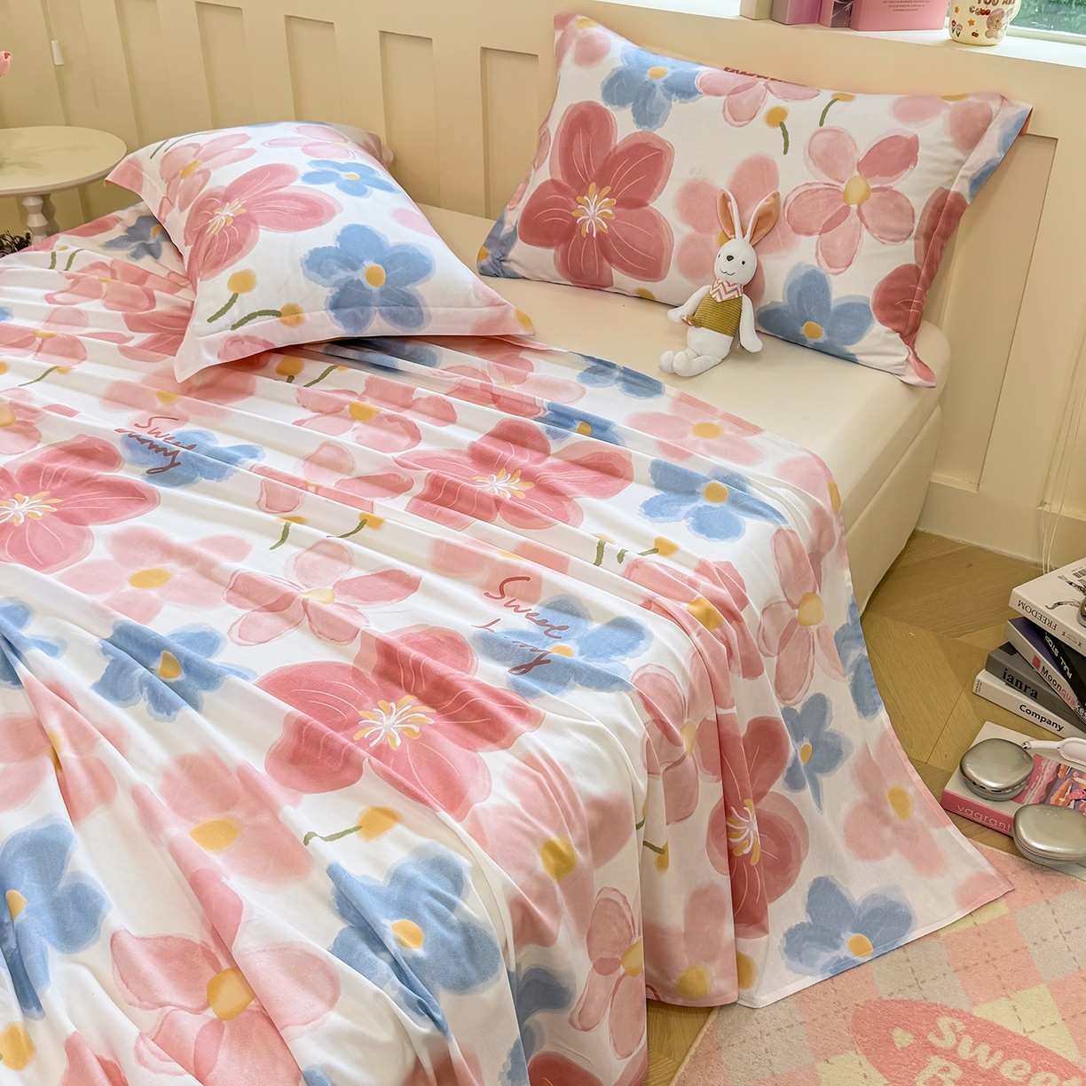 91家纺网 家纺一手货源 找家纺 壹贝家纺 2025新款小清新全棉纯棉印花系列-单床单 夕颜花开