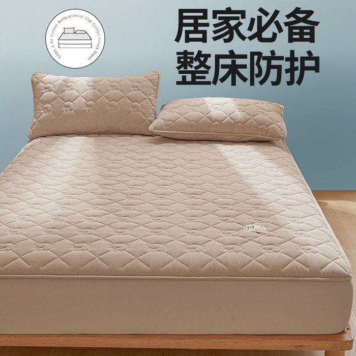 91家纺网 家纺一手货源 找家纺 西域种棉人·千百笠 2025新款A类抗菌里外全棉100%新疆棉花填充夹棉床笠母婴级床笠单件纯色床罩保护罩套全包围 夏洛床笠-咖