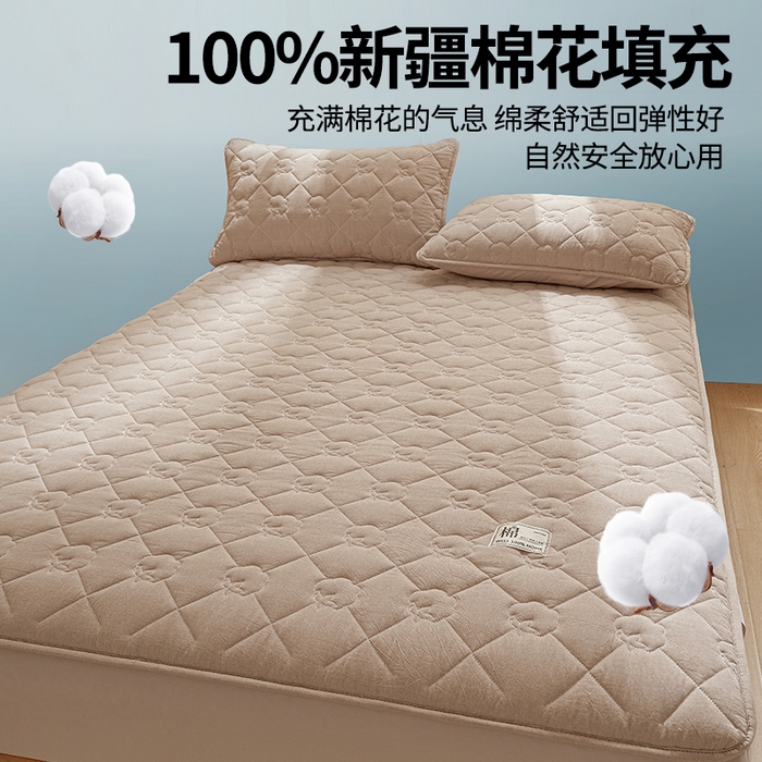 91家纺网 家纺一手货源 找家纺 西域种棉人·千百笠 2025新款A类抗菌里外全棉100%新疆棉花填充夹棉床笠母婴级床笠单件纯色床罩保护罩套全包围 夏洛床笠-咖