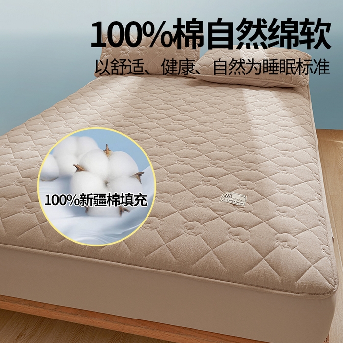 91家纺网 家纺一手货源 找家纺 西域种棉人·千百笠 2025新款A类抗菌里外全棉100%新疆棉花填充夹棉床笠母婴级床笠单件纯色床罩保护罩套全包围 夏洛床笠-咖