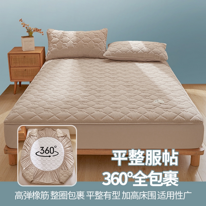 91家纺网 家纺一手货源 找家纺 西域种棉人·千百笠 2025新款A类抗菌里外全棉100%新疆棉花填充夹棉床笠母婴级床笠单件纯色床罩保护罩套全包围 夏洛床笠-咖