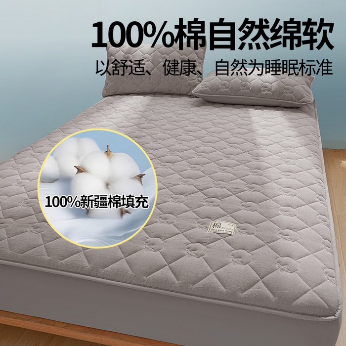 91家纺网 家纺一手货源 找家纺 西域种棉人·千百笠 2025新款A类抗菌里外全棉100%新疆棉花填充夹棉床笠母婴级床笠单件纯色床罩保护罩套全包围 夏洛床笠-灰