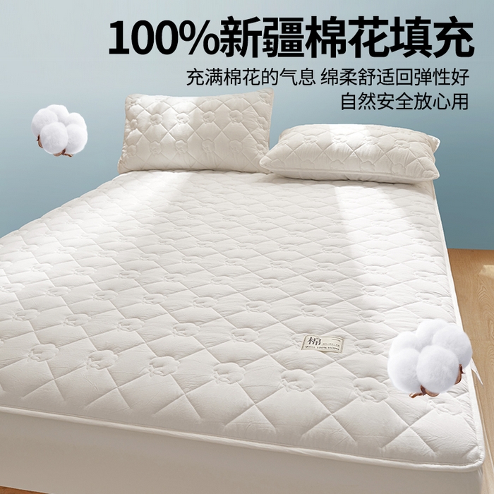 91家纺网 家纺一手货源 找家纺 西域种棉人·千百笠 2025新款A类抗菌里外全棉100%新疆棉花填充夹棉床笠母婴级床笠单件纯色床罩保护罩套全包围 夏洛床笠-白